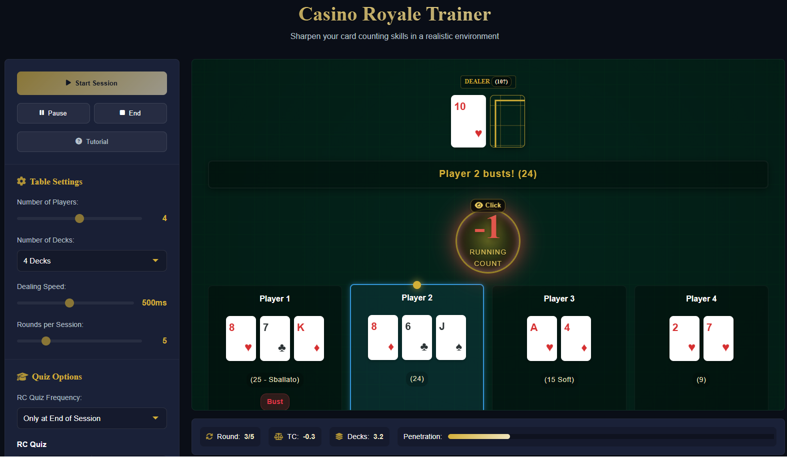 A screenshot of the card counting simulator showing a realistic game in progress.
